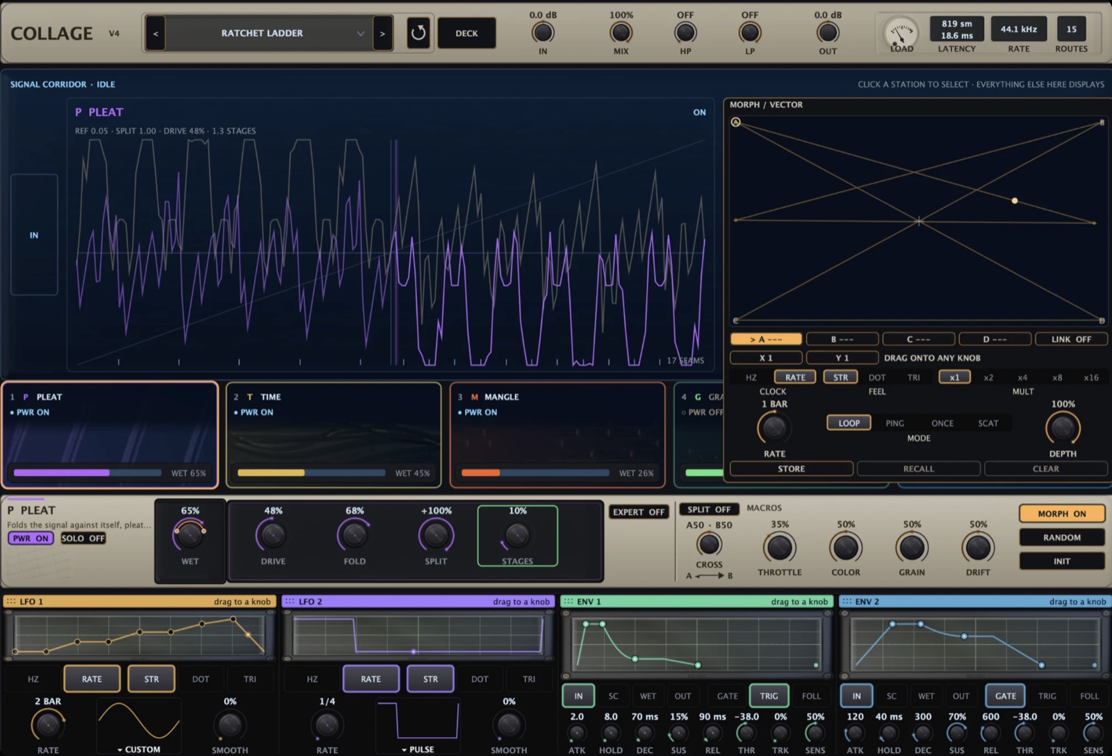 Collage V4 plugin interface — the signal corridor and morph pad in the DECK theme
